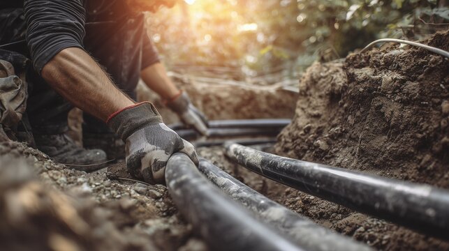 Plumber repairing underground geothermal heating system pipe in trench, hands with gloves connecting insulated pipe, earth and sunlight indicating outdoor service.