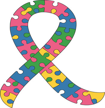 Autism awareness ribbon vector illustration with colorful puzzle pieces, symbol for neurodiversity and developmental health support