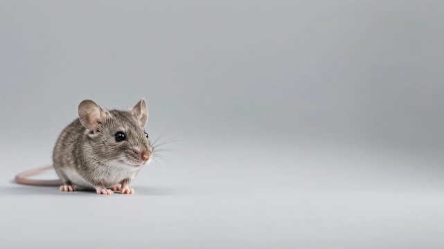 A detailed studio portrait of a small gray mouse on a neutral background. This rodent is known as a primary carrier of Hantavirus, representing health risks, zoonotic diseases, and pest control.