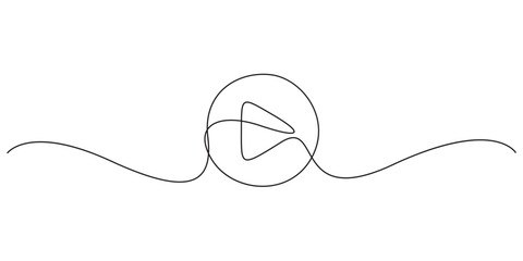 Obraz premium Play button icon in one line art style for video media player interface. Minimalist continuous line drawing of a media play button symbol for digital UI design.