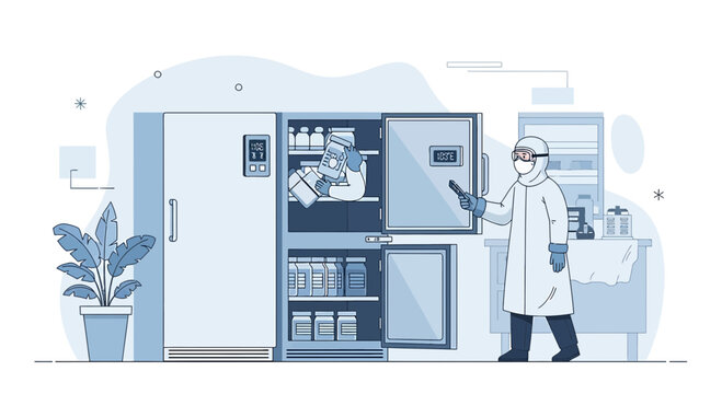 Scientist in Protective Gear Organizes Samples in Ultra-Low Temperature Freezer
