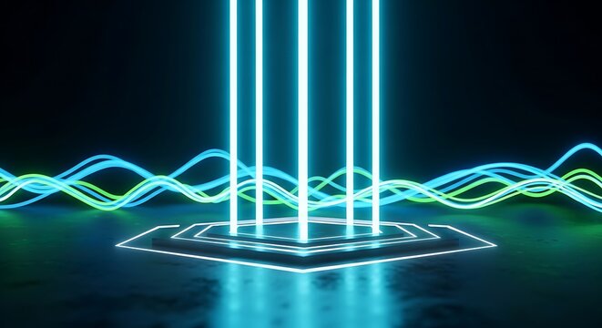 Glowing hexagonal stage features blue vertical laser beams and undulating green light waves on a reflective dark floor. Ideal for high-tech software presentation and security marketing.