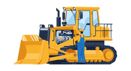 Fototapeta premium Construction Worker Repairing Heavy Bulldozer Machinery Vector Illustration. Technician Mechanic Maintaining Industrial Earthmover Machine Isolated on White Background.