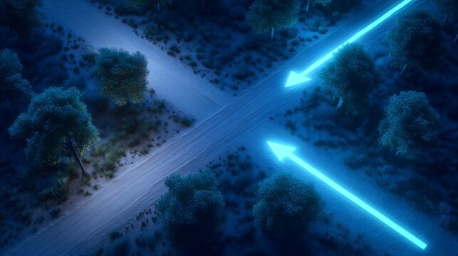 Conceptual background: Crossroad in a night forest with two merging blue neon arrows