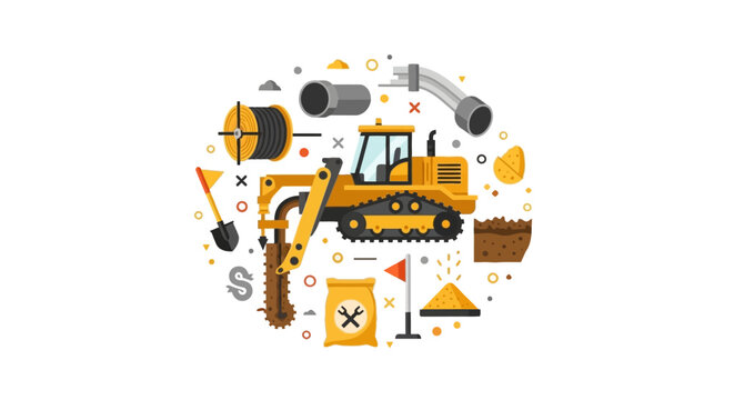 Modern Construction Machinery and Utility Infrastructure Flat Vector Illustration