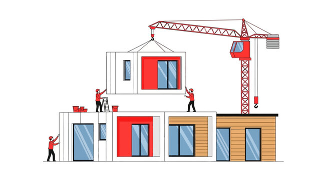 Modular Construction Site with Crane Lifting Prefabricated Housing Units and Builders, Flat Minimalist Illustration of Modern Sustainable Building Process