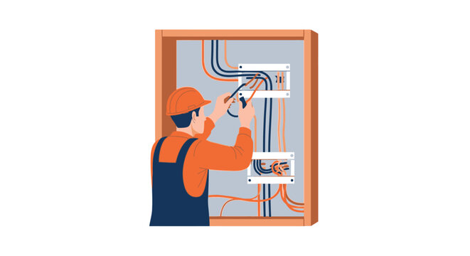 Professional Electrician Installing and Repairing Wiring in Electrical Box, Flat Vector Illustration Isolated on White