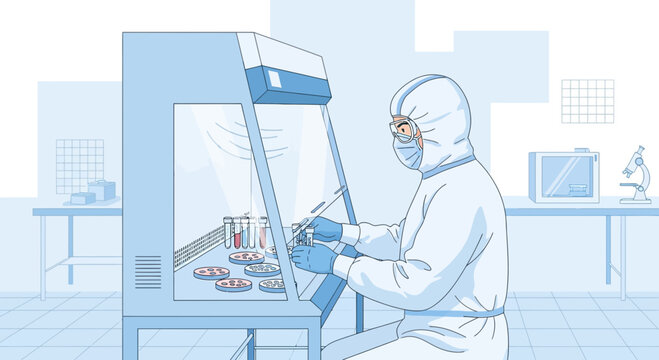 Scientist in protective suit working in biosafety cabinet with petri dishes and samples