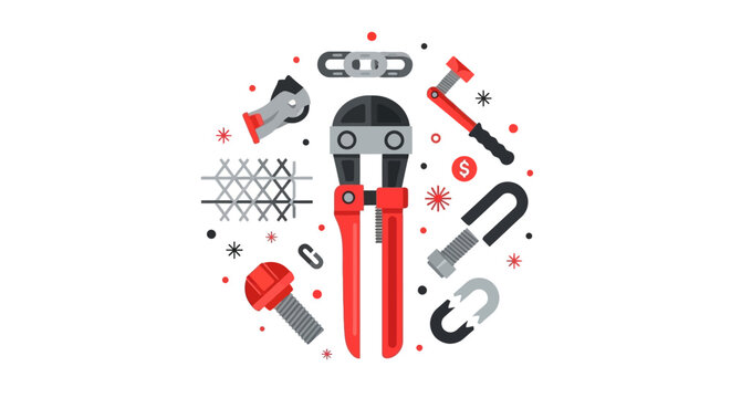 Flat Illustration of Red Bolt Cutters, Broken Chains, and Industrial Hardware Symbols; Security Breach and Freedom Concept Vector