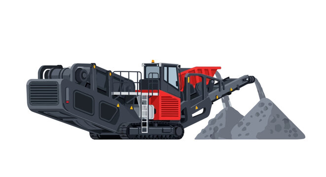 Mobile Stone Crusher and Screener Machine on Tracks, Heavy Industrial Mining Equipment for Gravel Production, Vector Illustration Isolated on White Background