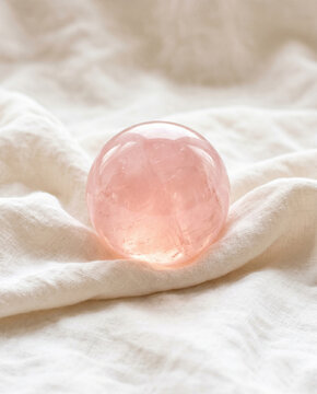 Rose quartz crystal sphere on soft fabric background