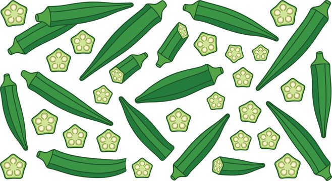 Fresh Okra Vegetable Pattern Collection with Whole and Sliced Lady Finger Pods for Organic Food Packaging and Farming Designs