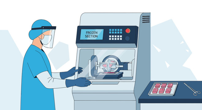 Scientist in protective gear operating a cryostat for tissue sectioning in a modern laboratory.
