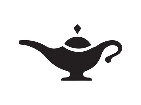 Black Magic Genie Lamp Silhouette Icon on White Background