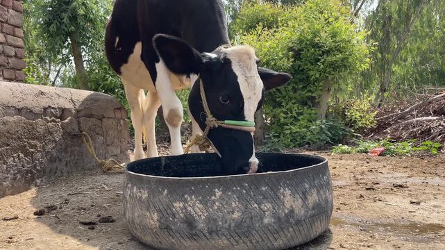 Young cow drinking water from recycled tire trough on farm Punjab, Pakistan	