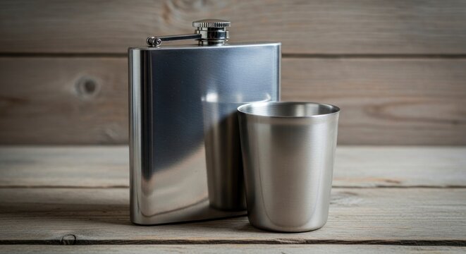 Stainless steel pocket flask and matching cup, reflective metal alcohol container on rustic wooden background.