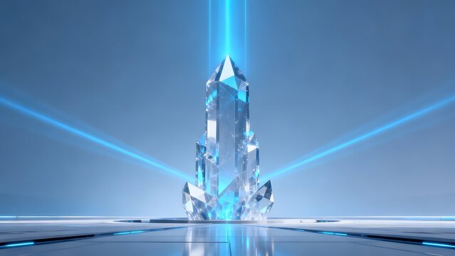 Glowing transparent crystal in futuristic setting