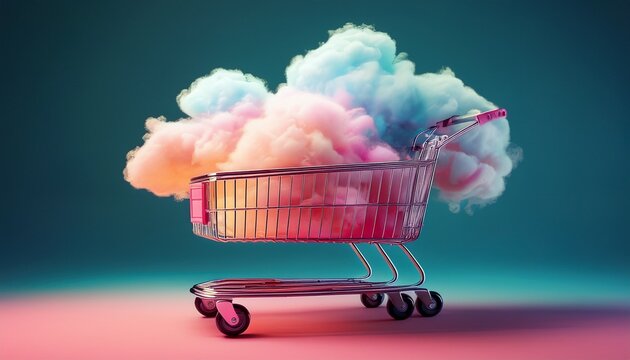 metal shopping cart containing fluffy cloud instead of groceries surreal lightness concept
