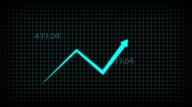 Arrow icon animation pointing downward. Arrow icon cyan financial loss. Arrow icon business failure graphic on black grid background with numbers.