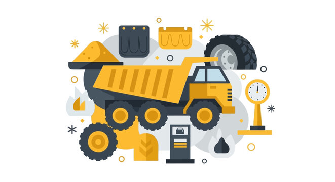 Industrial Mining Dump Truck Illustration with Heavy Machinery Icons, Construction Equipment, and Logistics Elements in Flat Design Style