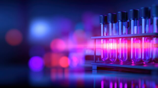 A vibrant arrangement of test tubes reflects a scientific atmosphere with purple and blue hues