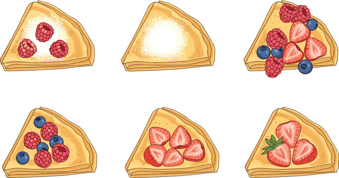 Sweet crepe slice dessert set vector illustration with strawberries, berries and cream toppings, delicious pastry dessert collection isolated on white background for bakery menu and dessert design