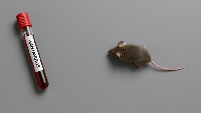 A medical test tube labeled Hantavirus sits next to a small mouse on a gray surface. This conceptual shot illustrates the link between rodents and the transmission of dangerous zoonotic diseases.