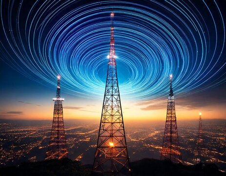 Telecommunication towers broadcasting glowing wireless signal waves across a starry circular night sky above a city