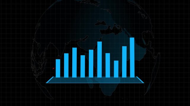 Bar chart animation with earth grid. Bar chart digital financial display. Bar chart business analytics visualization graphic on black background.