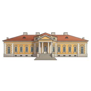 Elegant neoclassical facade of the Chechel Palace in Samchyky featuring a yellow exterior and white columns