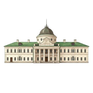 Grand neoclassical Kachanivka Palace in Ukraine featuring a central dome and double-level colonnade portico