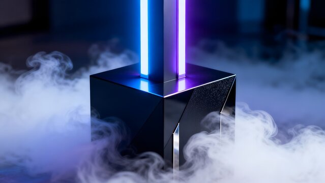 Black reflective cube with neon lights and smoke