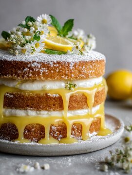 Delicious lemon cake layered with creamy frosting and drizzled with lemon glaze topped with fresh flowers and lemon slices. Perfect for celebrations and gatherings. Generative AI