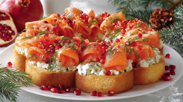 Gourmet holiday appetizer featuring smoked salmon on crisp bread topped with cream cheese and vibrant pomegranate seeds on a festive presentation plate. Generative AI