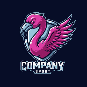 Digital illustration of a fierce pink flamingo with wings spread, emblem background