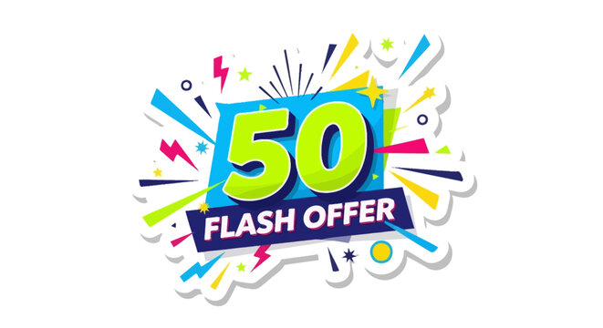 50 Flash Offer Discount Sale Banner with Colorful Explosions and Stars