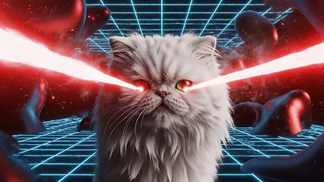 Fierce Persian Cat Unleashes Laser Eyes in Futuristic Grid World.