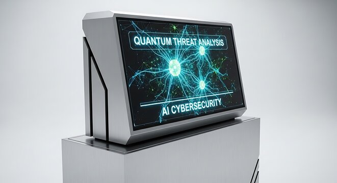 Cybersecurity console monitor shows glowing quantum threat analysis and neural network patterns on a sleek hardware frame. Perfect for computer science and data protection branding.