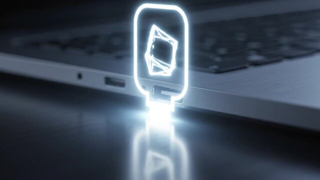 A futuristic video showing a glowing neon icon plugged into a laptop, featuring a rotating 3D crystal that symbolizes digital mining, data processing, and modern technological advancement.