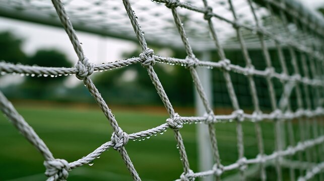 朝露に濡れたサッカーゴールのネット