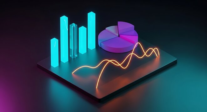 Neon data visualization charts including bars and pie graphs glow with vibrant colors in a dark isometric setting. Ideal for digital finance and big data analytics marketing campaigns.