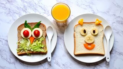 Fototapeta na wymiar A creative and playful breakfast setup for kids featuring food art on toast and a glass of orange juice on a marble table, promoting a fun and healthy meal experience.
