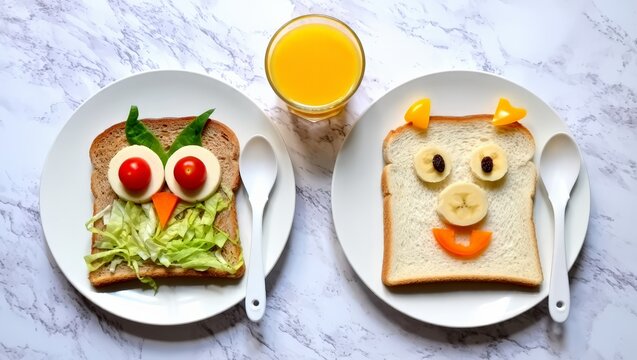 A creative and playful breakfast setup for kids featuring food art on toast and a glass of orange juice on a marble table, promoting a fun and healthy meal experience.