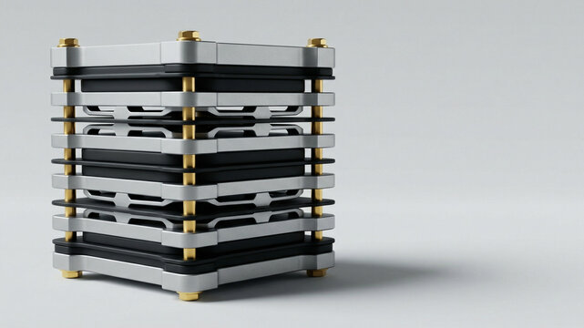 Stacked square metal plates with gold rods on light background with copy space