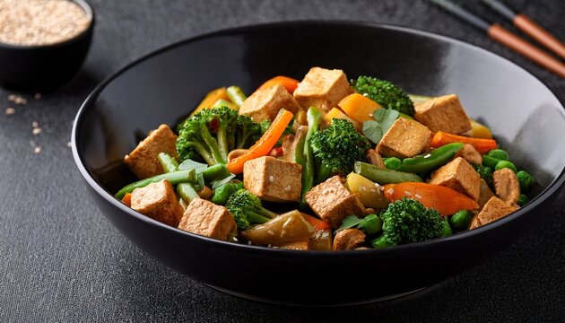 vegan tofu vegetable stir fry in black bowl on dark background