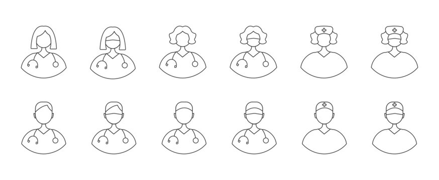 Medical staff icons collection - doctors and nurses avatars. Line style. Vector illustration, isolated on transparent background.