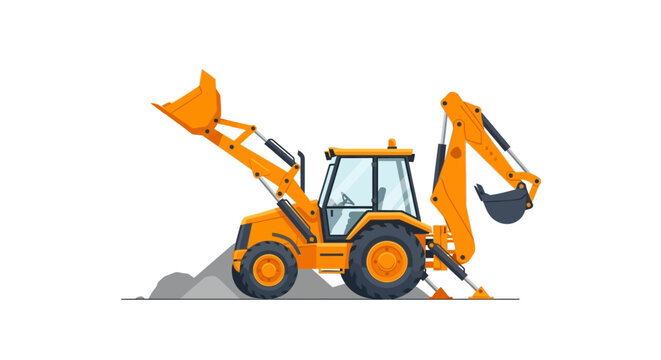 Yellow Backhoe Loader Construction Vehicle Illustration, Industrial Excavator Tractor on White Background