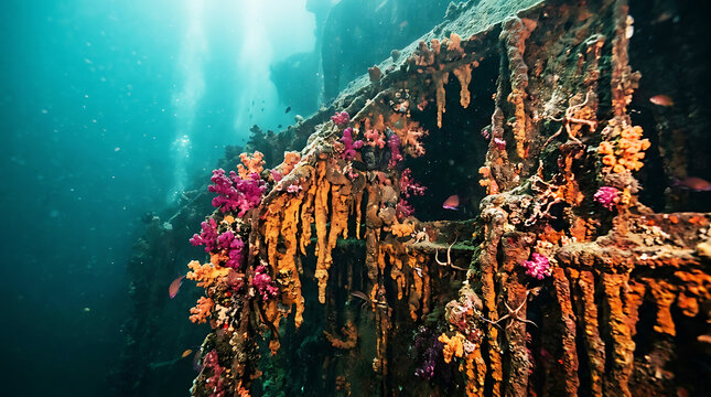 Rusty Shipwreck Underwater Coral Encrusted Hull Texture Abstract 16:9