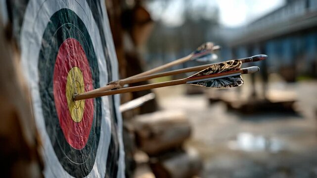 Arrows hitting bullseye on outdoor archery target