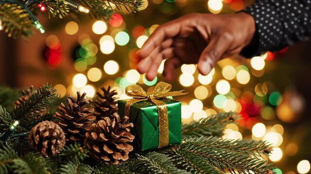 African american man decorating christmas tree with green gift box and pine cones, holidays celebration